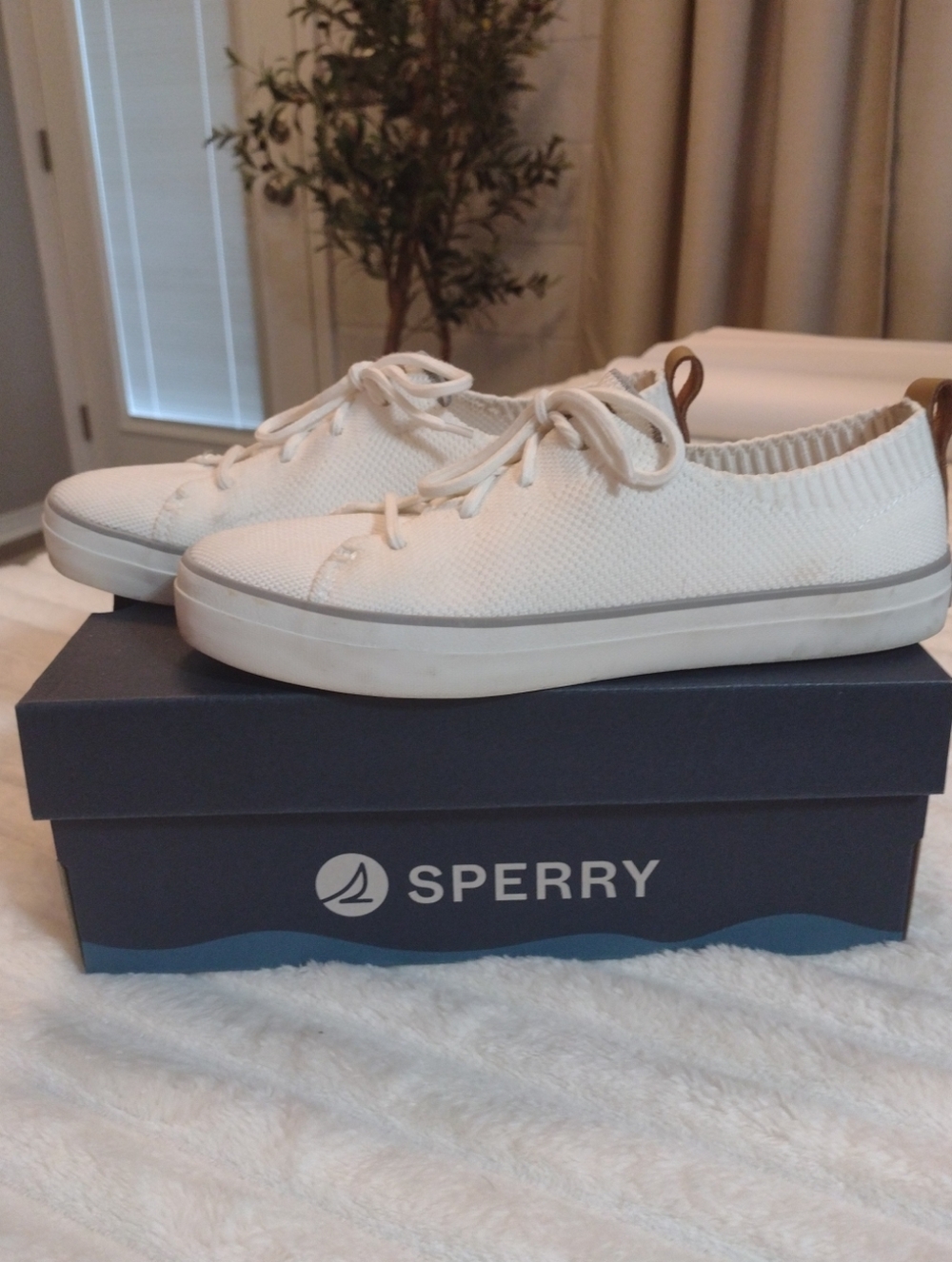 Sperry Womens 8 Crest Vibe Knit Canvas Sneakers Cream White Nautical Boat Shoes